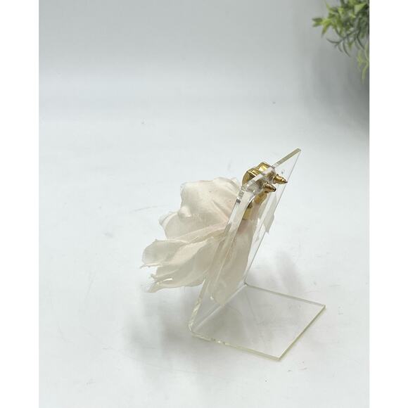 Gold Tone Ivory Fabric Tulip Drop Rhinestone Dangle Flowing Earrings - Picture 9 of 10